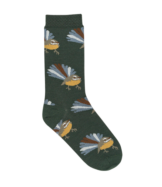 New Zealand made merino socks featuring fantail bird design – sustainable, warm gift socks for nature lovers