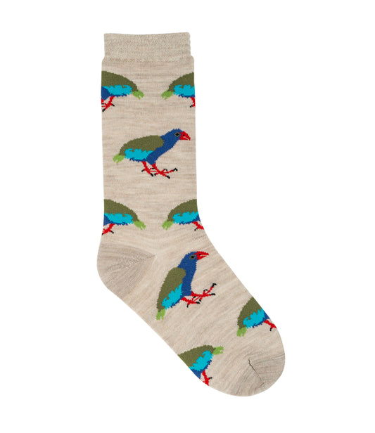 New Zealand made merino socks featuring rare takahe bird design – sustainable, warm gift socks for bird and nature lovers